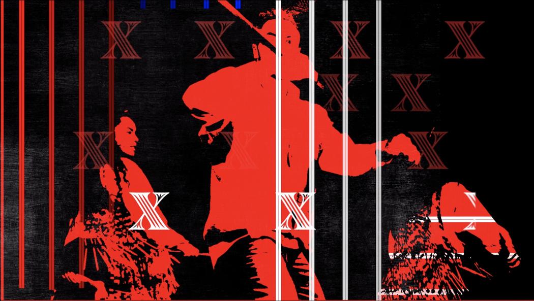 A still taken from Jamie Berry’s work depicts three people overlaid with a bright red colour on a black background. The people look as if they are performing a haka, waiata or powhiri, one person is holding a taiaha.  There are multiple layers to this image, one layer has transparent X’s composed around the image.