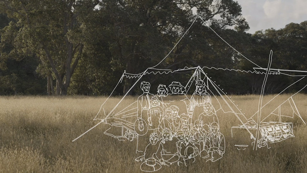A white pencil drawing of a settler family is superimposed over a field and trees.