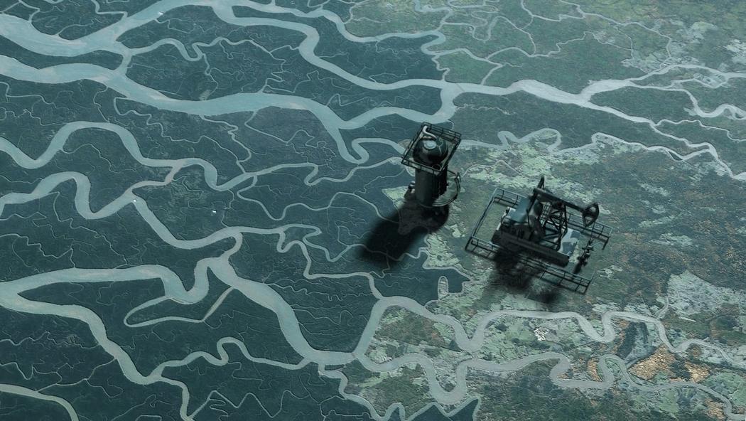 3d models of large machines sit on top of satellite images of landscape images of land and rivers in this still of Brit Bunkley’s video work.