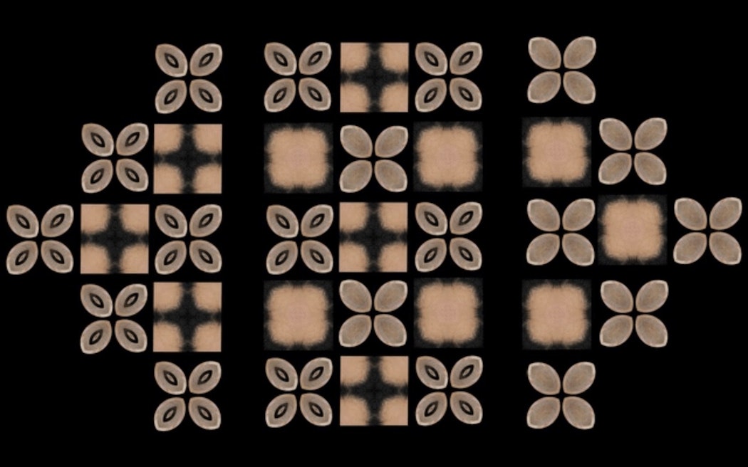 Brown and beige digital hiapo designs sit in a grid-like format on a black background