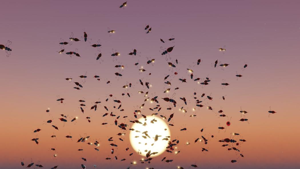 An animated swarm of insects in front of a sunset