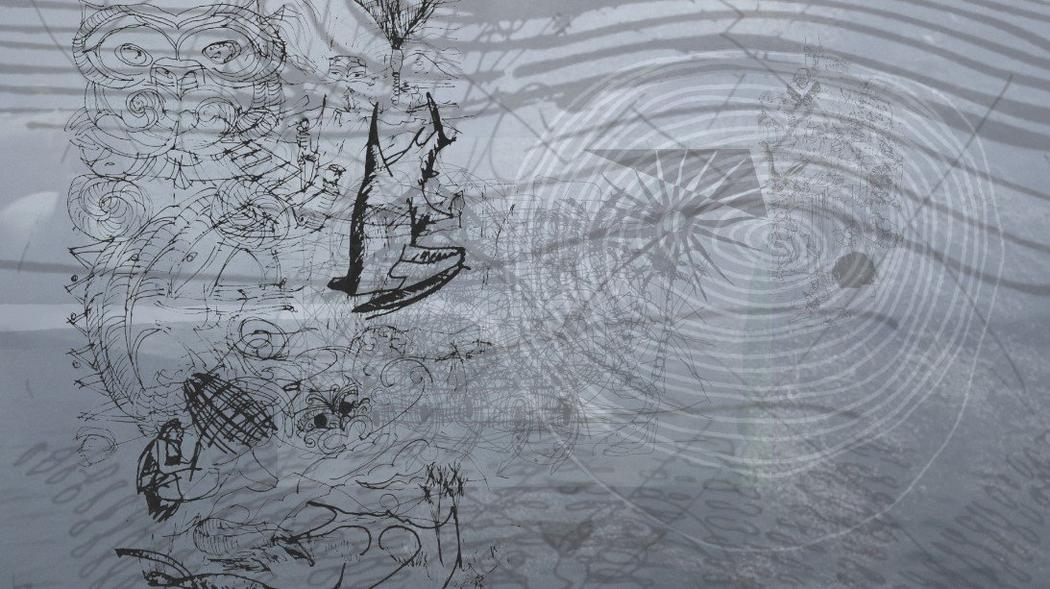 Drawings of Taniwhā and other sketches sit over a background of indeterminate black and white imagery