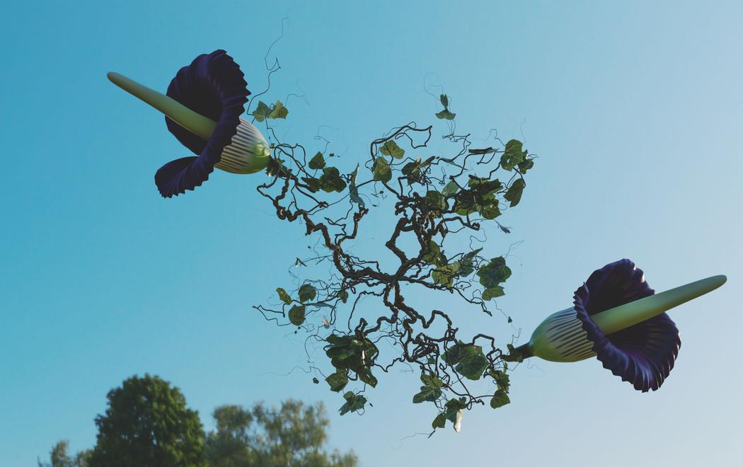 An animated image of floral shapes against a blue sky.