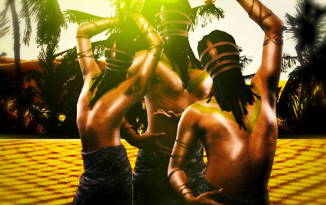 A graphic rendering of three Polynesian men who pose against a backdrop of palm trees