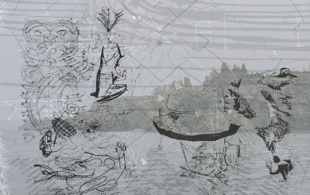 A film still of a lake and a shoreline of thick bush is overlaid with drawings of taniwhā, canoe and birdlife.