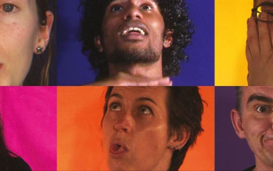 Six characters perform dramatic facial expressions in front of bright backgrounds