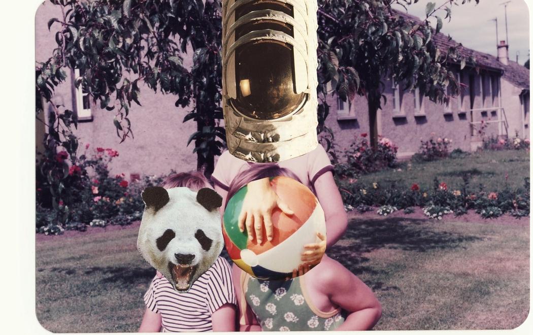 A comic-surrealistic collage of an astronauts head, a panda head and a beach ball over children's faces