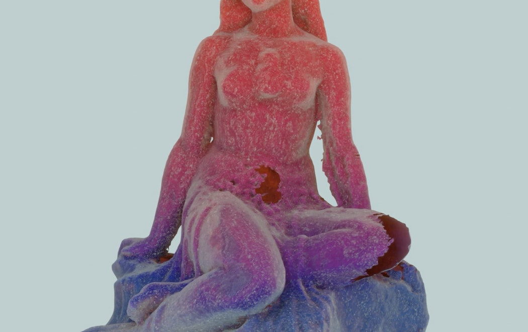 A 3d scan of a sculpture of the Pania of the Reef which is displayed in Hawkes Bay. This depiction has changed the colours of the sculpture to be a gradient of blue, purple, red and orange. The3d scan sits against a teal background