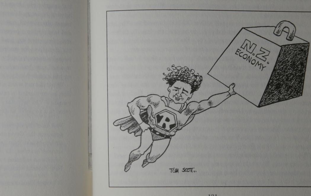 A Tom Scott newspaper cartoon of Ruth Richardson as a superhero carrying a weight depicting the NZ economy