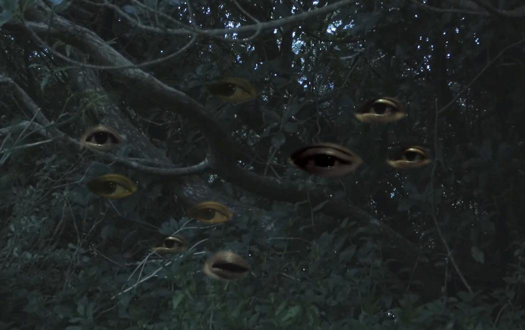 A series of 9 eyes are laid over a series of tree branches. This references the whakapapa of Matariki, especially the story of Ngā Mata o te Ariki Tāwhirimātea who tore out his eyes and cast them into the sky.