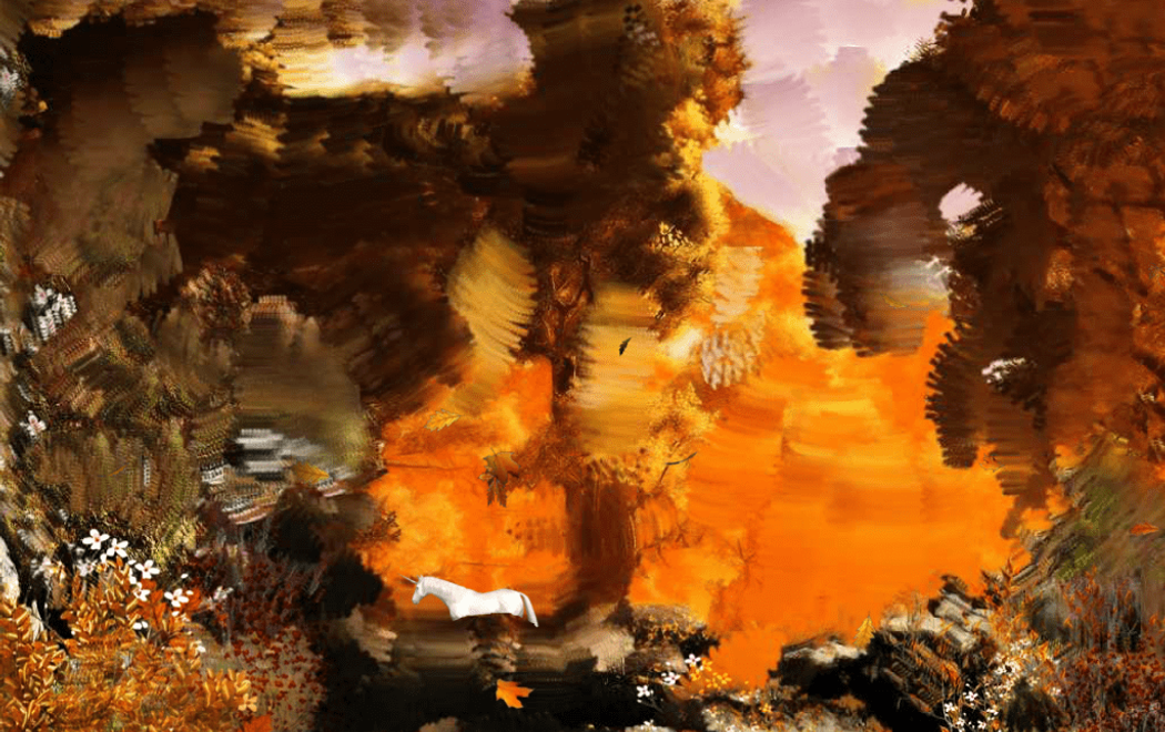 A digital collage of a glitchy autumn forest