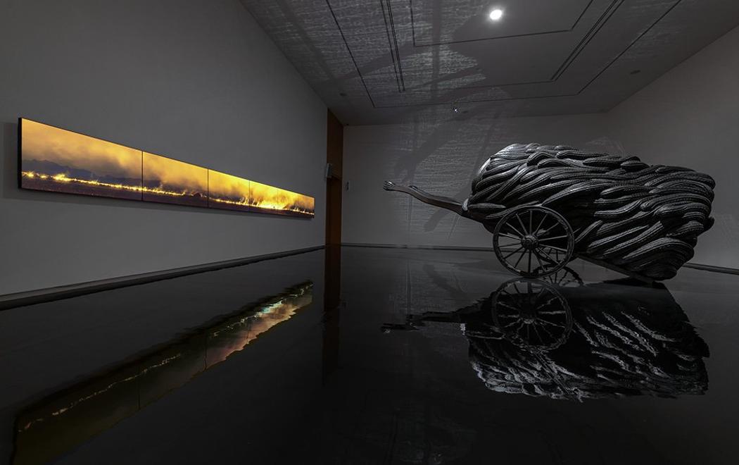 Brett Graham, Whangamārino (2025), and Wastelands (2024). Installation view, Auckland Art Gallery Toi o Tāmaki, 2025. Image courtesy of the artist.