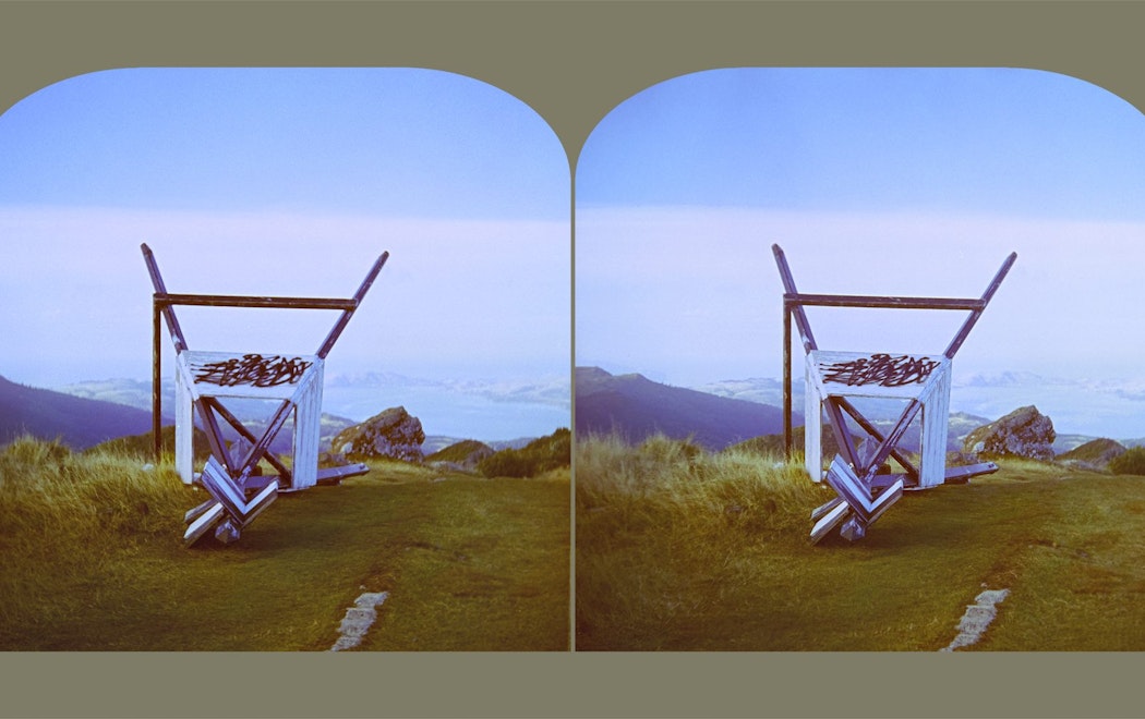Two similar images of a weather measuring station on a mountain top have been pushed over and graffitied. Both photos have rounded edges at the top of the image and are backed by a beige green solid colour background.
