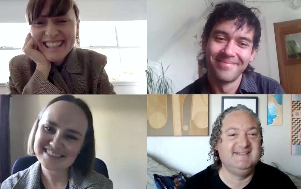 A montage of four speakers in a Zoom video conferencing call window. The speakers are, clockwise from left: Abby Cunnane, Robbie Handcock, Nigel Borell, Sophie Davis