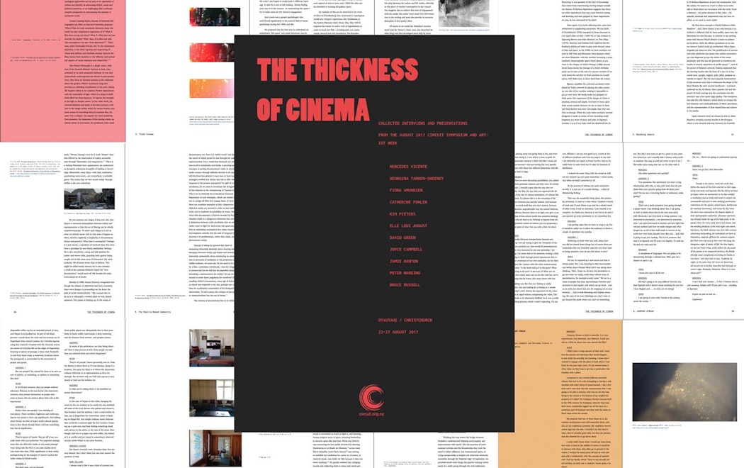 Preview of "The thickness of Cinema" e-book showing some of the colourful pages of text