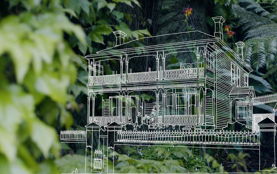 A white outline of a colonial homestead is superimposed over an image of verdant bush