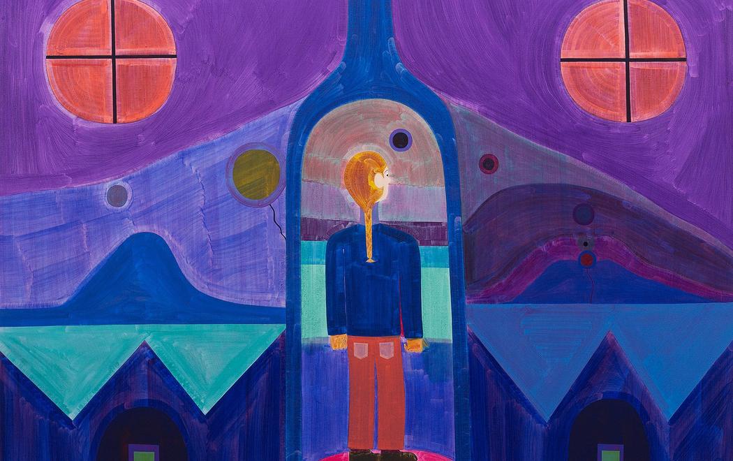 An abstract painting made up of blue and purple tones