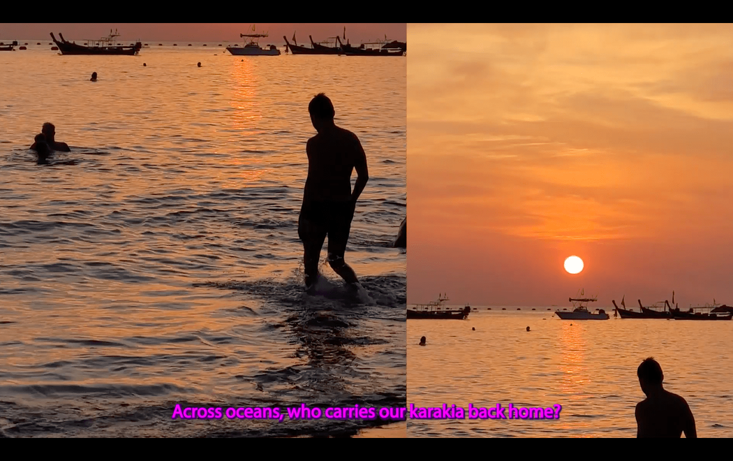 A split screen of a beach at sunset; the subtitle reads 'Across oceans, who carries our karakia back home?'