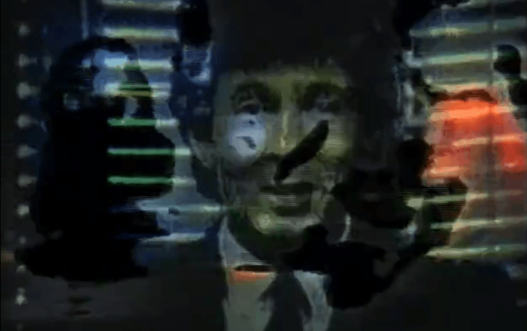A glitched image of a tv presenter