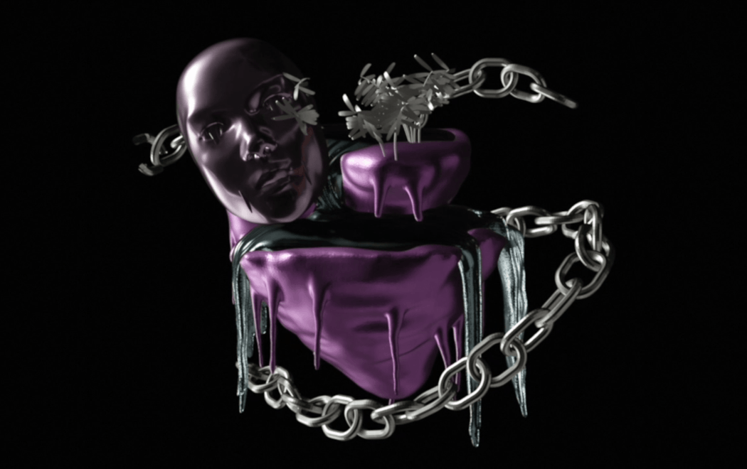 A digitally rendered image of dripping purple object with a metalic silver chain and a face