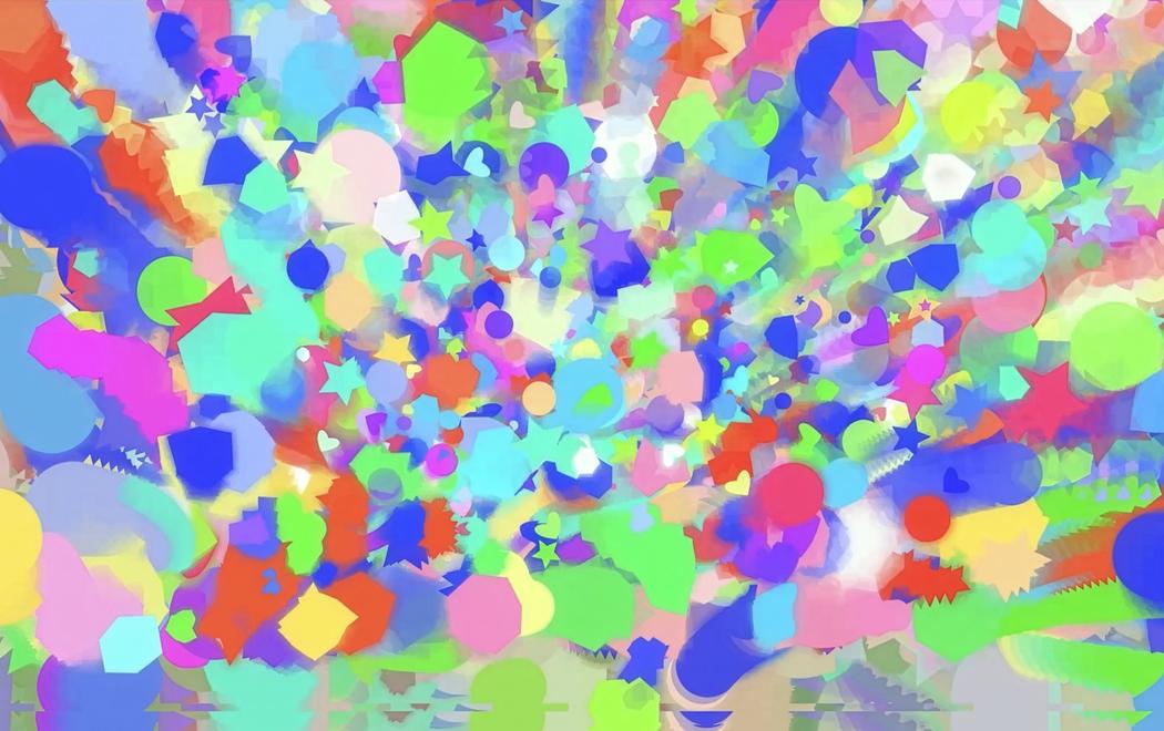 A flood of colourful digital shapes burst towards the viewer from a single viewpoint.
