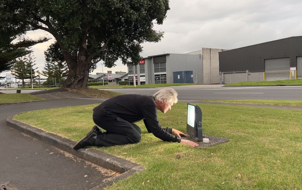 A man kneels on a grass verge and peers into a lamp.