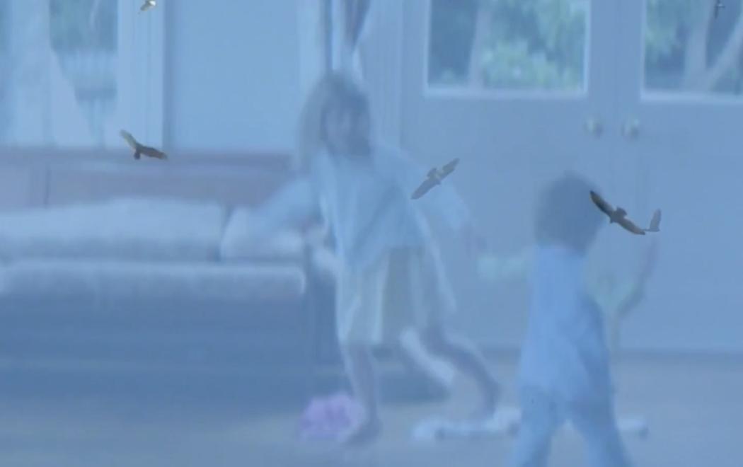 Two images are overlaid. In the background we see a blurred image of two children playing in a suburban lounge. Over the top we see birds flying in a blue sky.