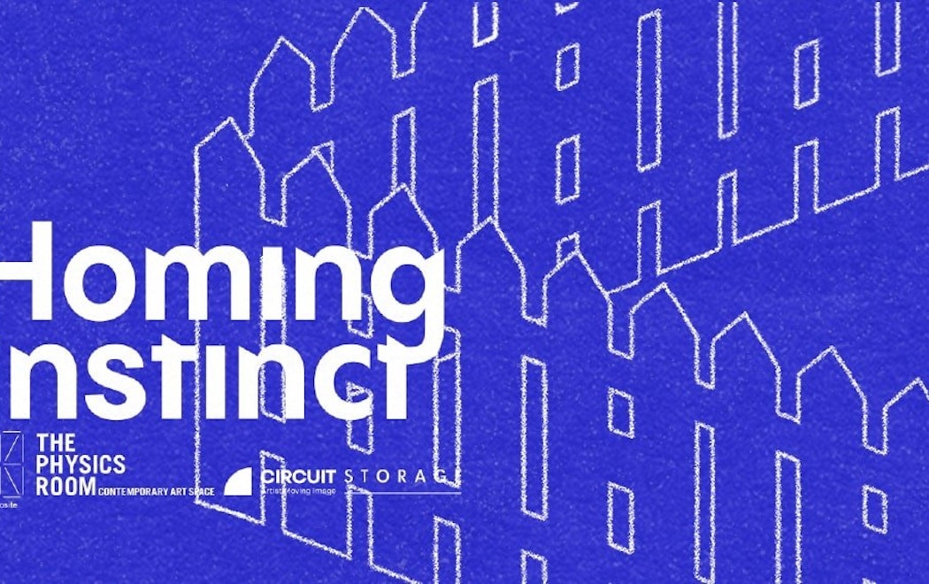 Blue poster with white lettering that reads 'Homing Instinct'. A simplified fence design is in the background.