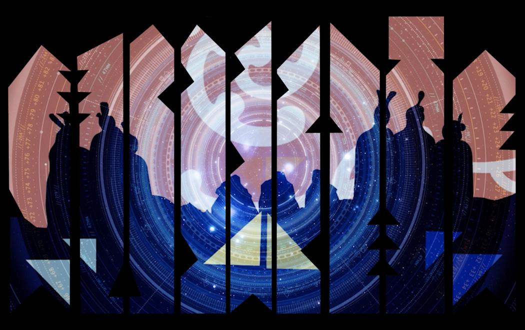 An composite image of silhouetted figures, Māori motifs and a circular wheel with numeric inscriptions is projected across nine pou (carved wooden poles).