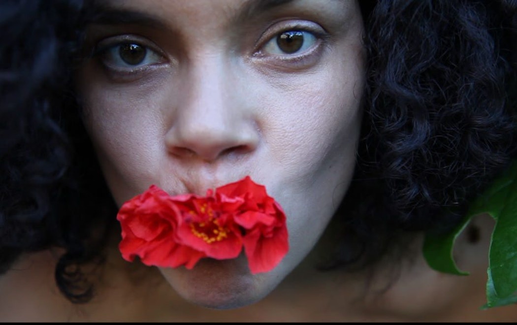 A person with curly black hair holds a red hibiscus flower in their mouth. Their gaze is directed at the camera.