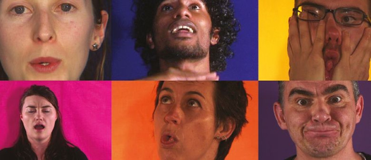 Six characters perform dramatic facial expressions in front of bright backgrounds