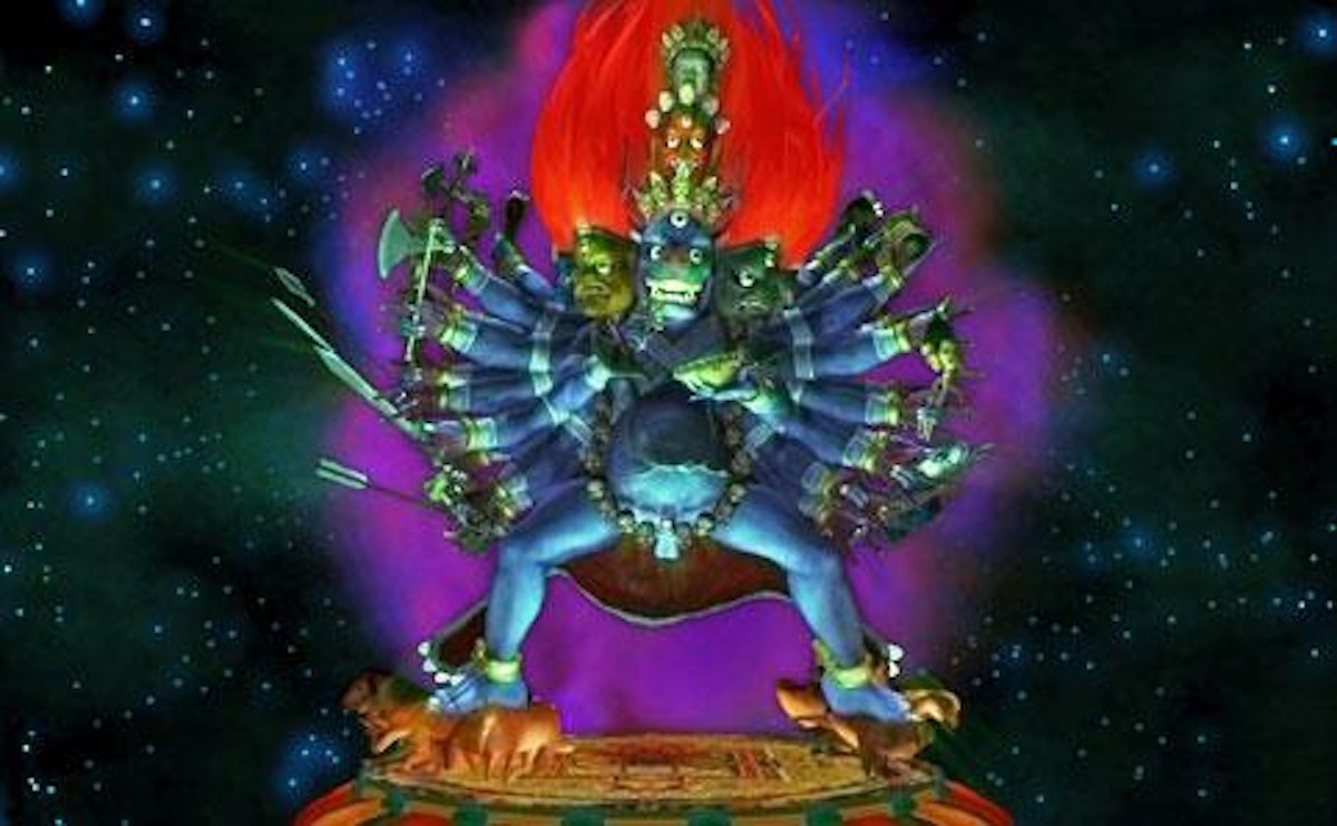 A blue god or deity with multiple outstretched arms stands with wide spread legs in front of a galaxy