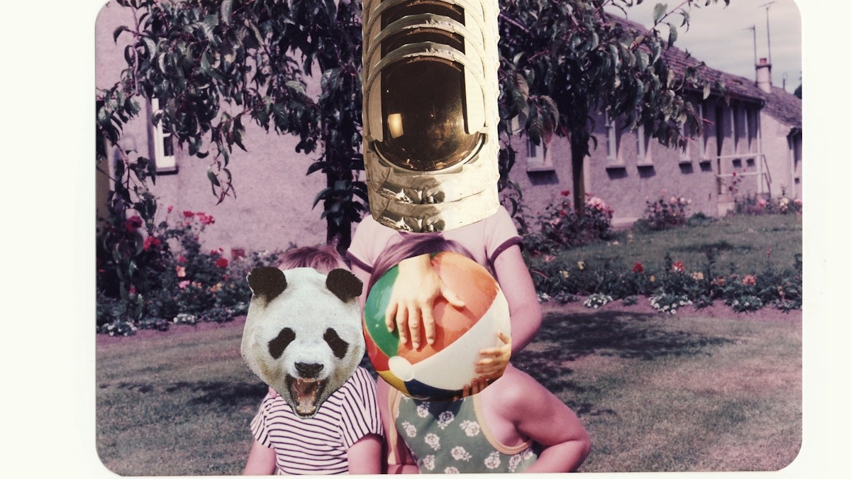 A comic-surrealistic collage of an astronauts head, a panda head and a beach ball over children's faces