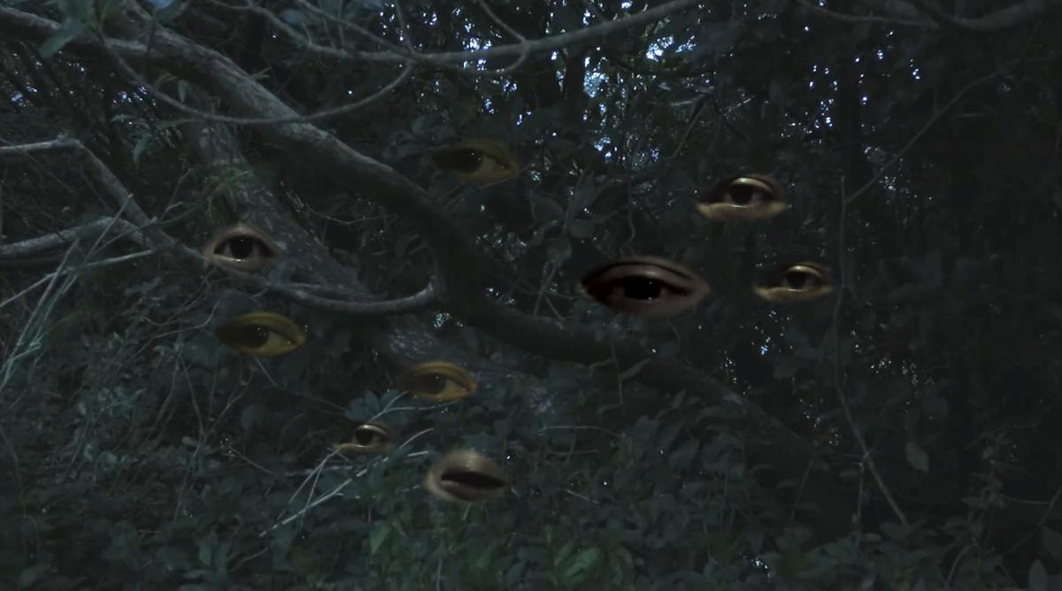 A series of 9 eyes are laid over a series of tree branches. This references the whakapapa of Matariki, especially the story of Ngā Mata o te Ariki Tāwhirimātea who tore out his eyes and cast them into the sky.
