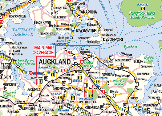 A map Auckland has a red square outline around Auckland Central with red text reading "MAIN MAP COVERAGE"