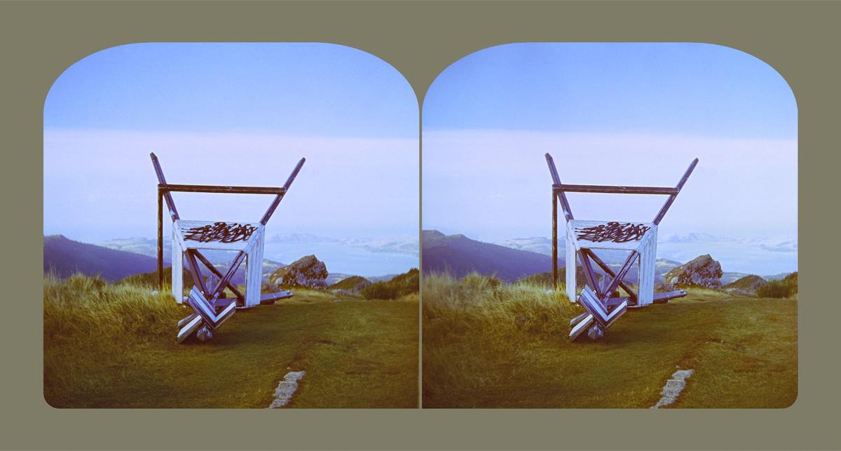 Two similar images of a weather measuring station on a mountain top have been pushed over and graffitied. Both photos have rounded edges at the top of the image and are backed by a beige green solid colour background.