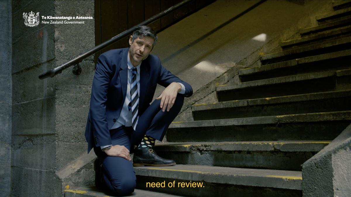 A man in a blue suit and tie kneels on a concrete staircase facing the camera, as if to give an explanation. At top left we see a logo for the New Zealand government. On the screen, we see the words 'need of review'. The man's colourful socks cast doubt on his apparent authority and point towards satire.