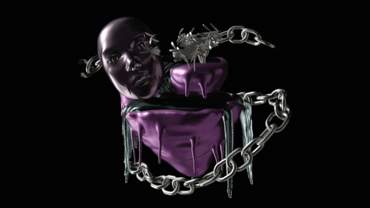 A digitally rendered image of dripping purple object with a metalic silver chain and a face