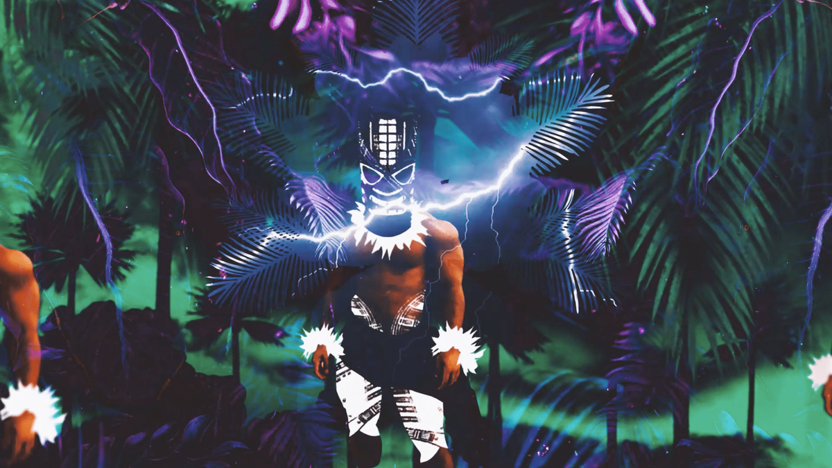 A digitally collaged layered image of lighting striking forks infront of a muscular man wearing traditional pasfika costuming against a background of palm trees