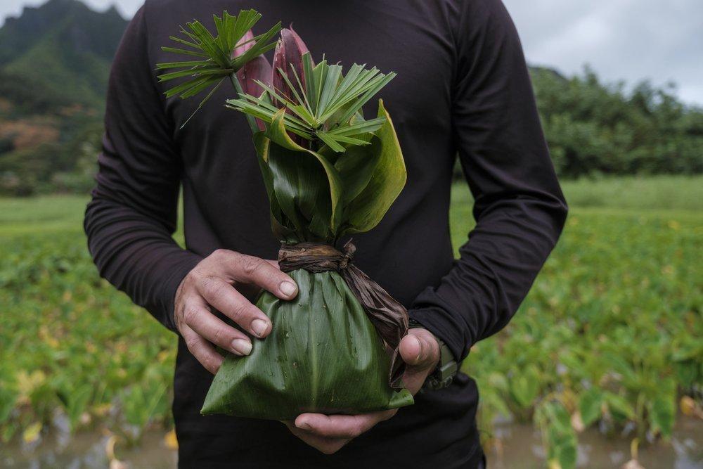 A person holds flowers wrapped in a green palm leaf