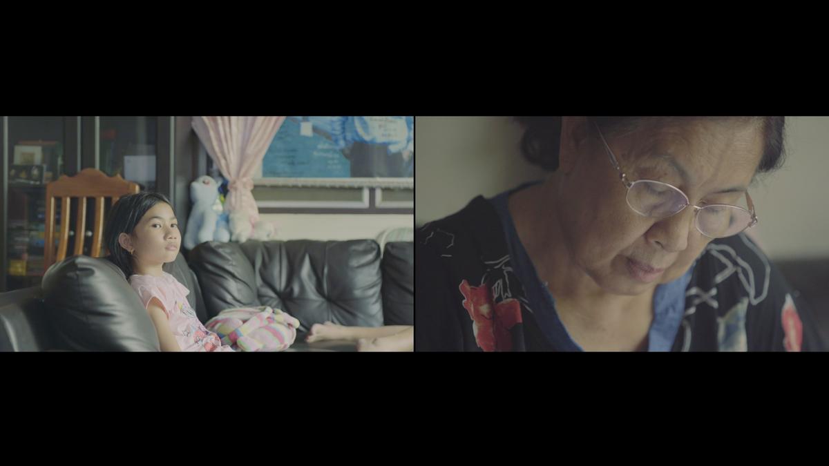 A split screen of a young child sitting on a sofa and a close up of an older woman in the other frame