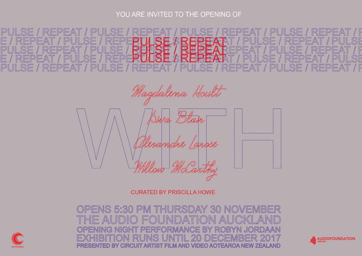 A poster for the exhibition PULSE/REPEAT. The exhibition title is repeated and staggered to create a graphic image. The artists names are printed in the centre over large block capital text which reads WITH. Lilac and red text on grey background.