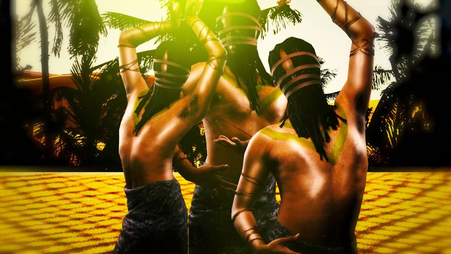 A graphic rendering of three Polynesian men who pose against a backdrop of palm trees