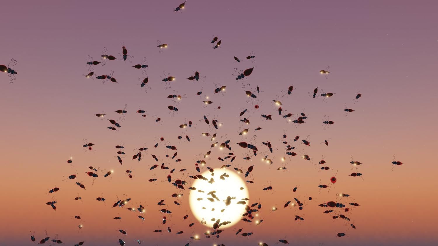 Digital-rendered insects swarm in front on a purple and orange sunset