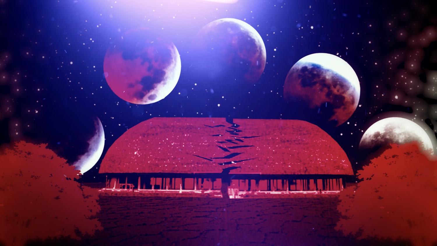 Set against a dark, starry sky, four moons in various phases create an arc over a digital image of a red-toned Samoan meeting house, flanked on either side by red bushes.