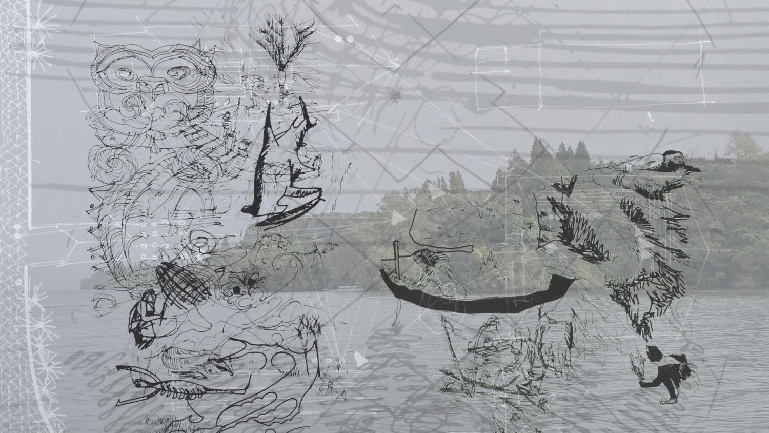 A film still of a lake and a shoreline of thick bush is overlaid with drawings of taniwhā, canoe and birdlife.