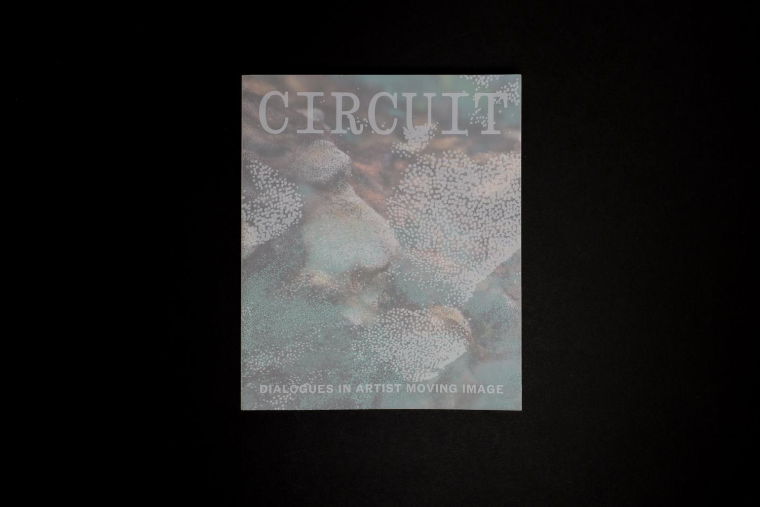 A cover of a book whose cover depicts a series of abstract point clouds, and has the title CIRCUIT: Dialogues in Artist Moving Image.