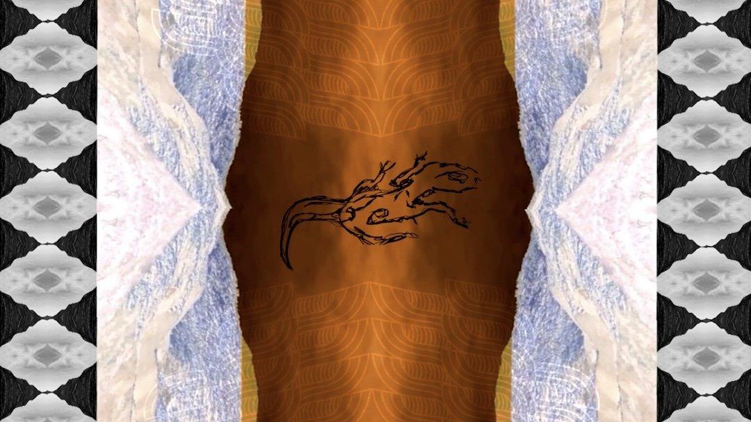 An animated image of a lizard set amongst patterns that resemble the outer edge of a strip of film.