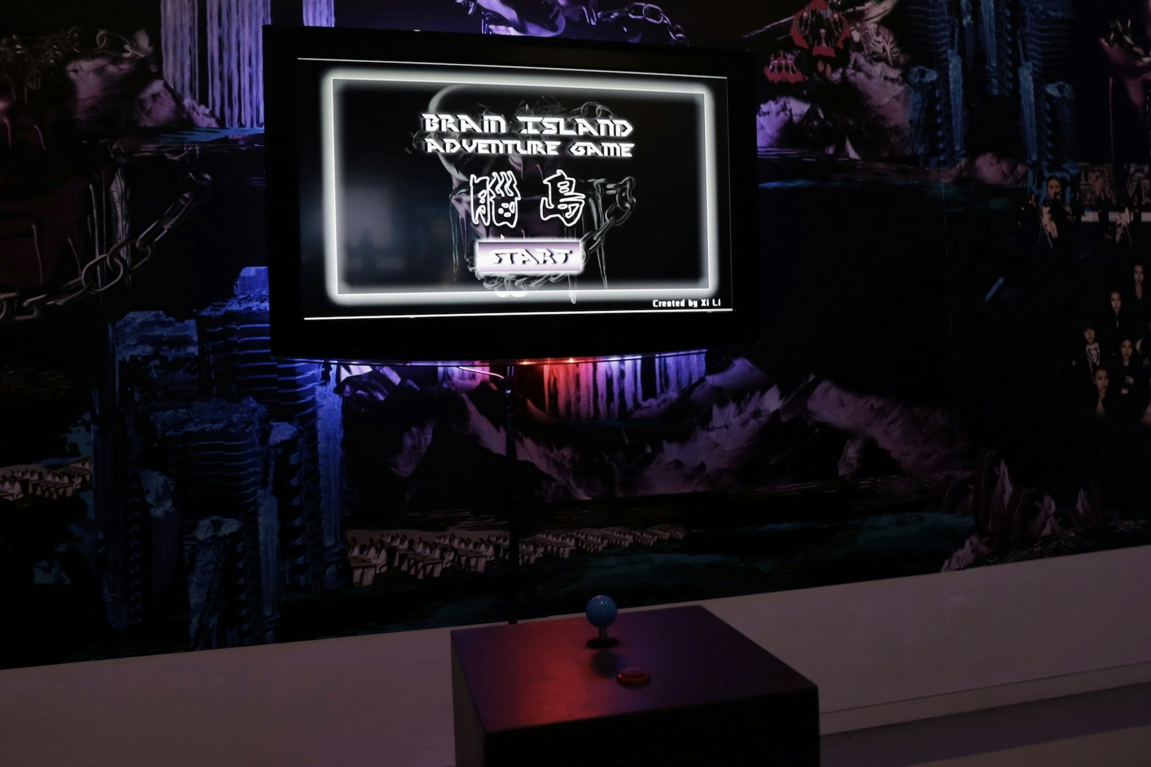 A video game called Brain Island is displayed on an LCD monitor. In front is a blue joystick. Behind the monitor is a series of digital images from the game which are high gloss but whose content indistinct