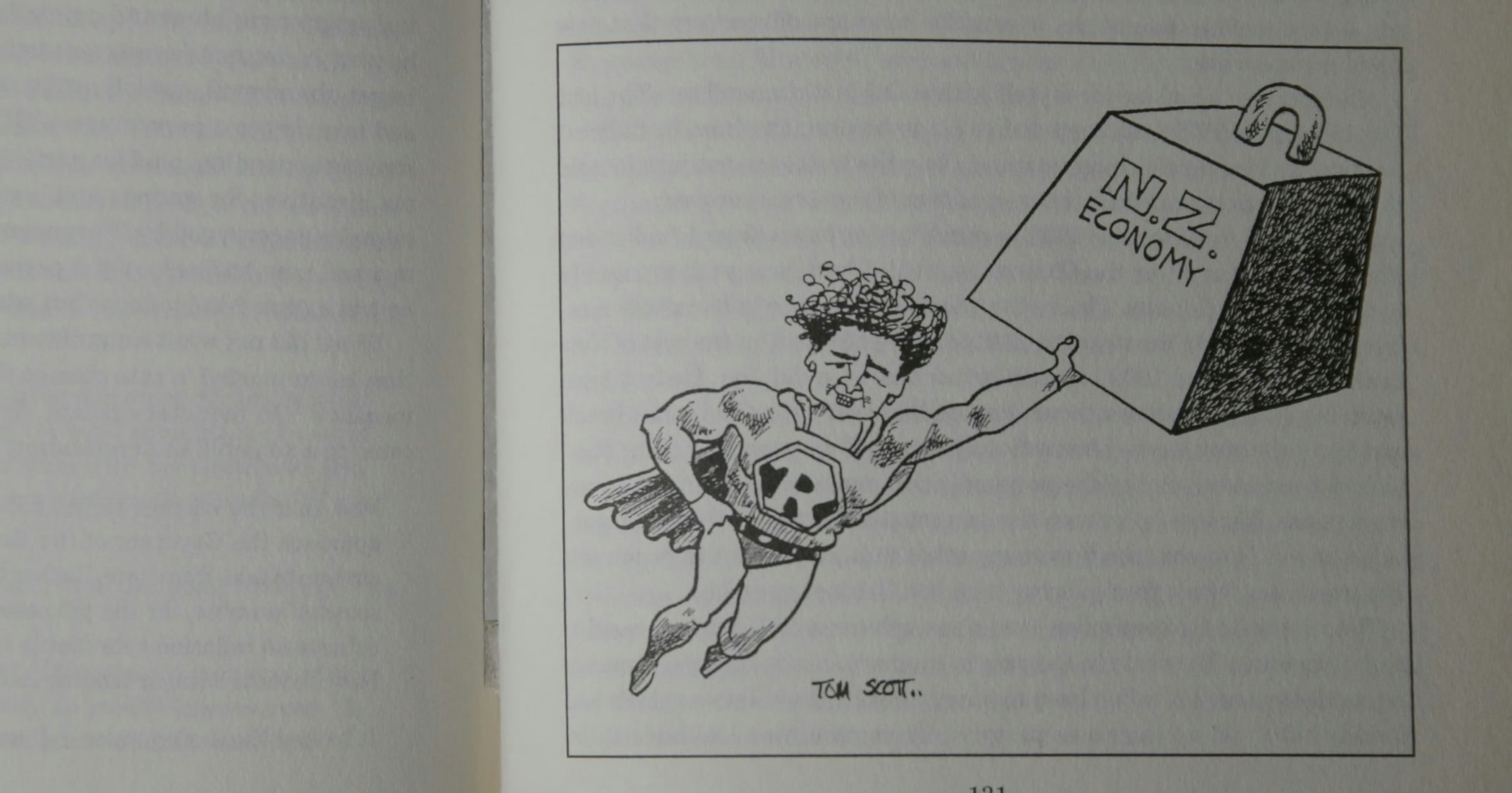 A Tom Scott newspaper cartoon of Ruth Richardson as a superhero carrying a weight depicting the NZ economy